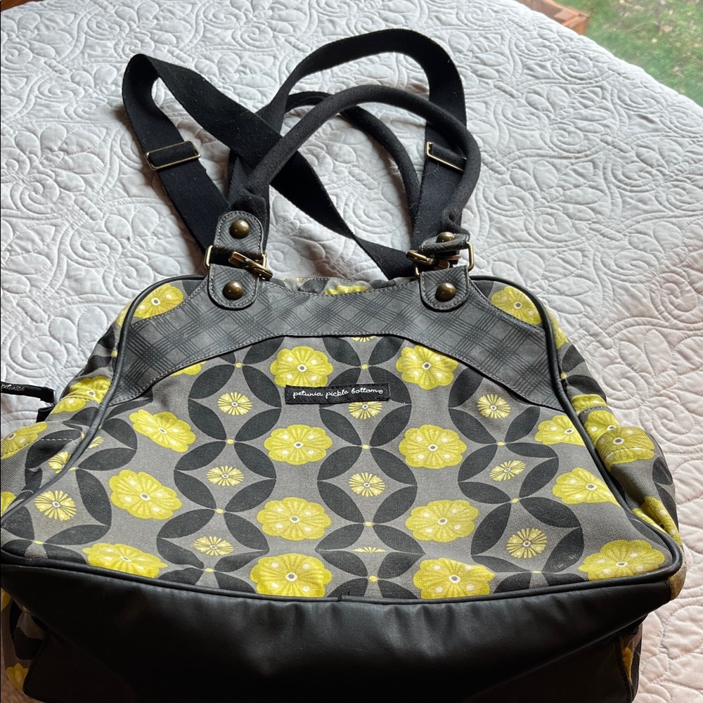 Petunia Pickle Bottom Yellow & Gray Floral Tote with Black Trim